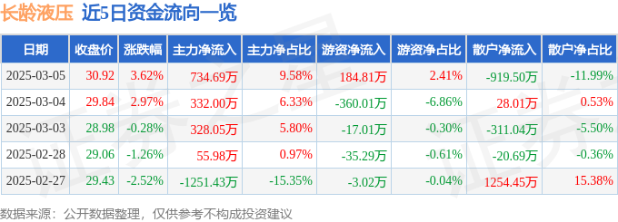 长龄液压（605389）3月5日主力资金净买入73469万元