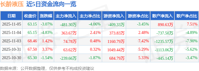 长龄液压(605389)11月5日主力资金净卖出48130万元